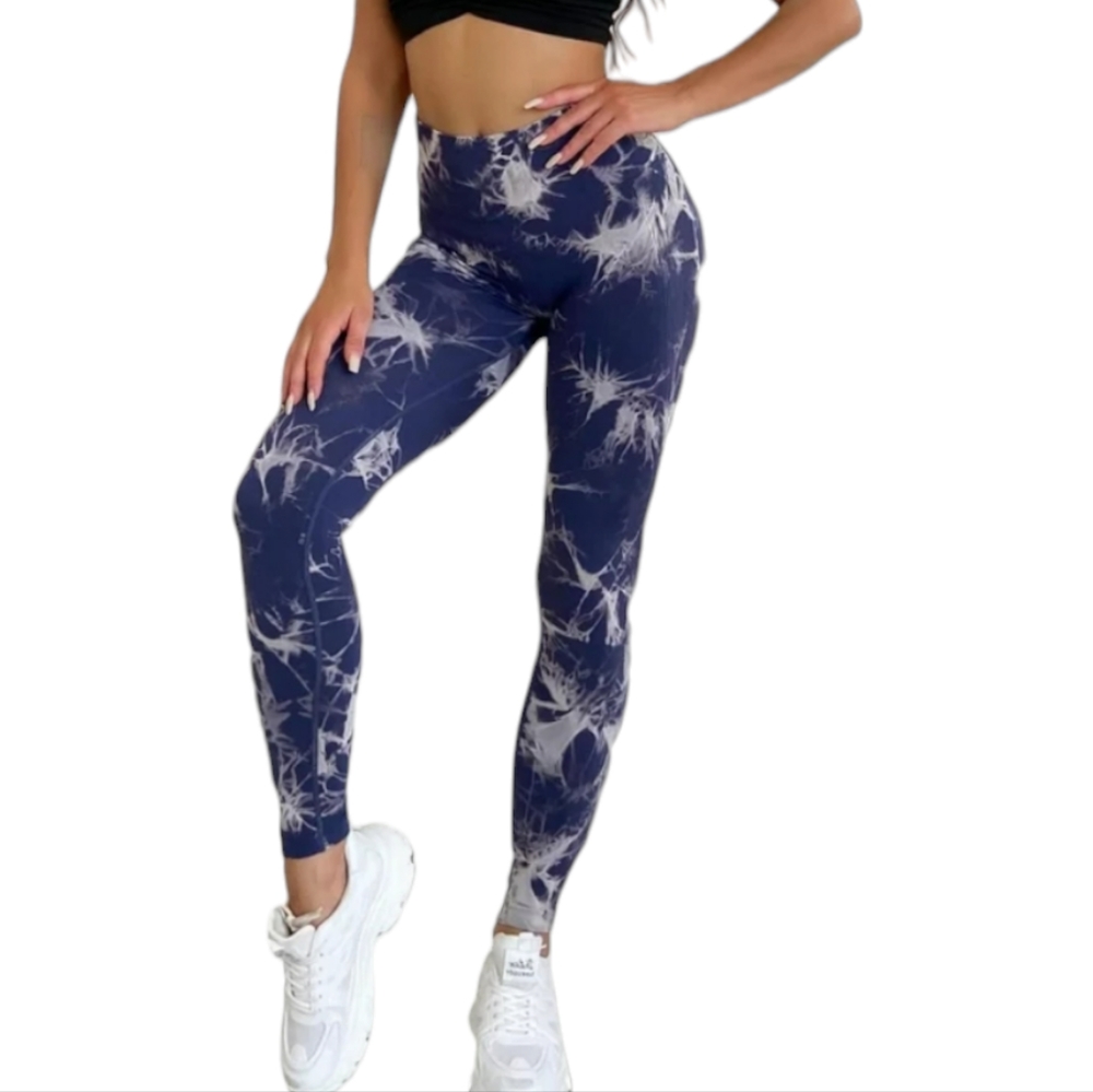 DANIKA S BLUE BLACK TIE DYE HIGH WAISTED GYM BUTT RUNCHED YOGA PANTS